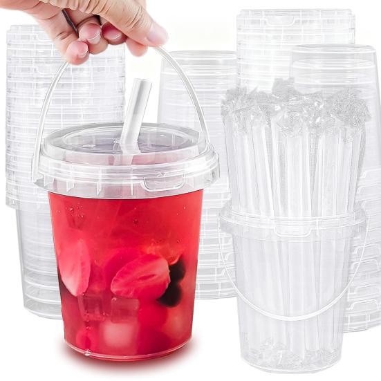 5/10/15/20Pcs Disposable Cups with Lids And Straws Large 700ml Clear Plastic Drink Cups Handheld Design Drink Cups