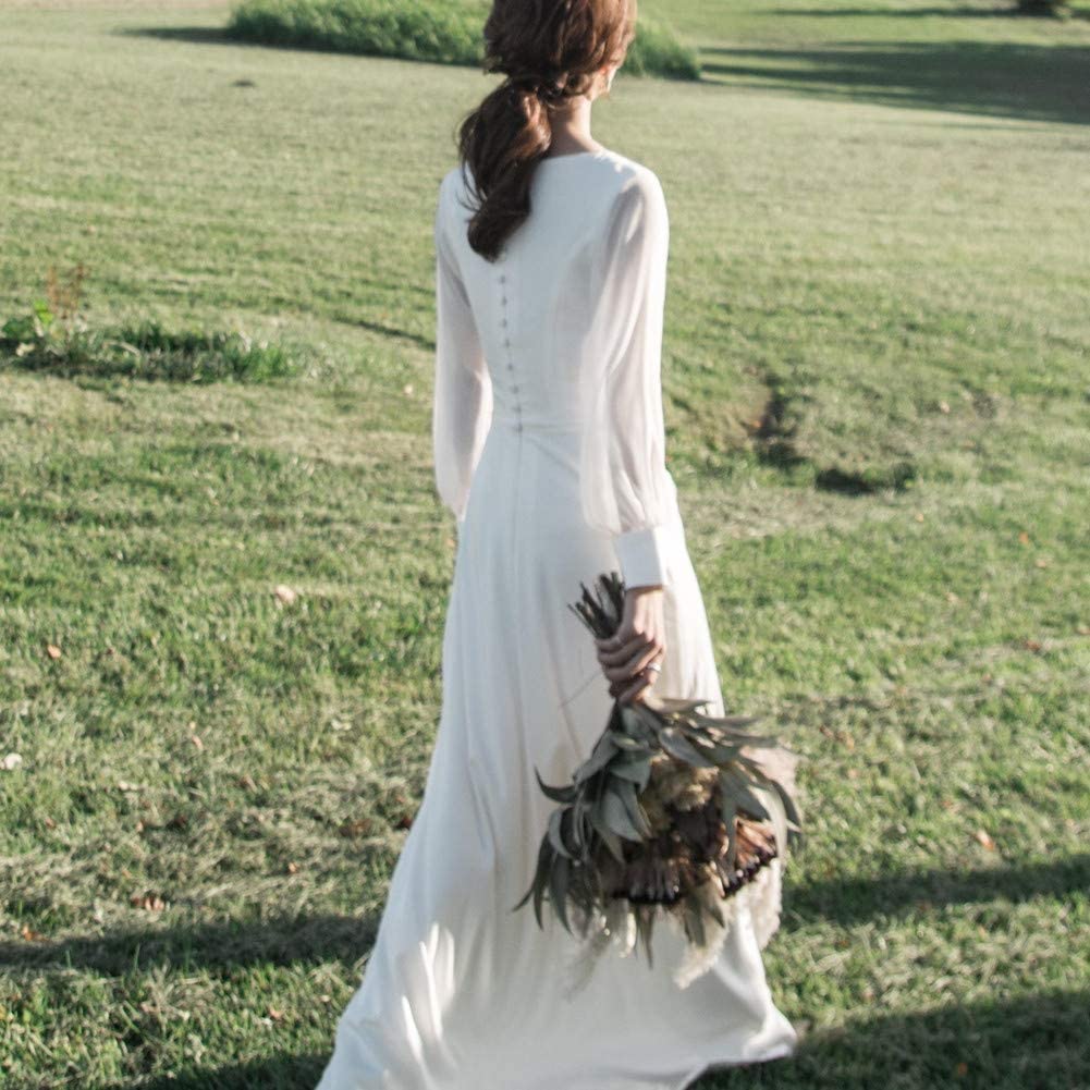 Fiveen White Wedding Long Photoshoot Winter Dress, Simple, Sleeve, V-Neck, Formal, Beach, Pre-wedding Dress, Spring, Summer, Autumn, (L)