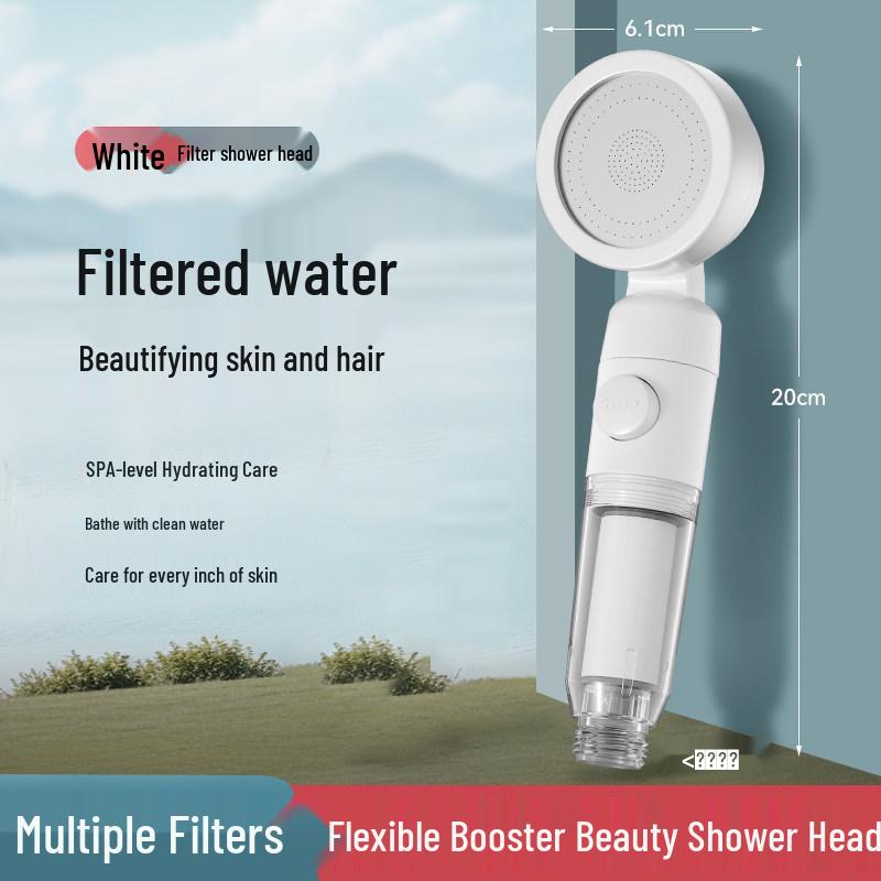 

Portable Handheld Shower Head with Booster Filter & One-Button Water Stop for Travel and Dorms