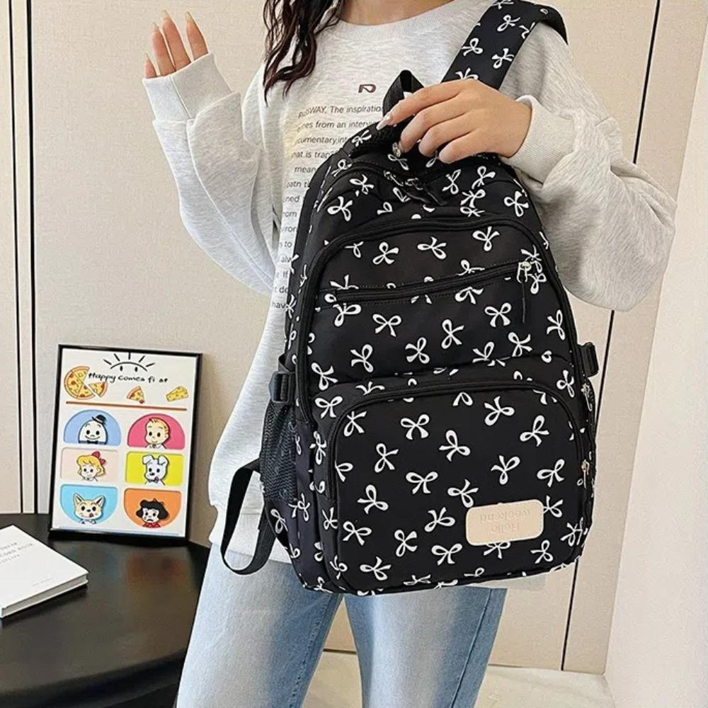 3 Pcs/Set Fashion Large Capacity Bow Backpack Bow Print Adjustable Strap Student Backpack Nylon School Bag