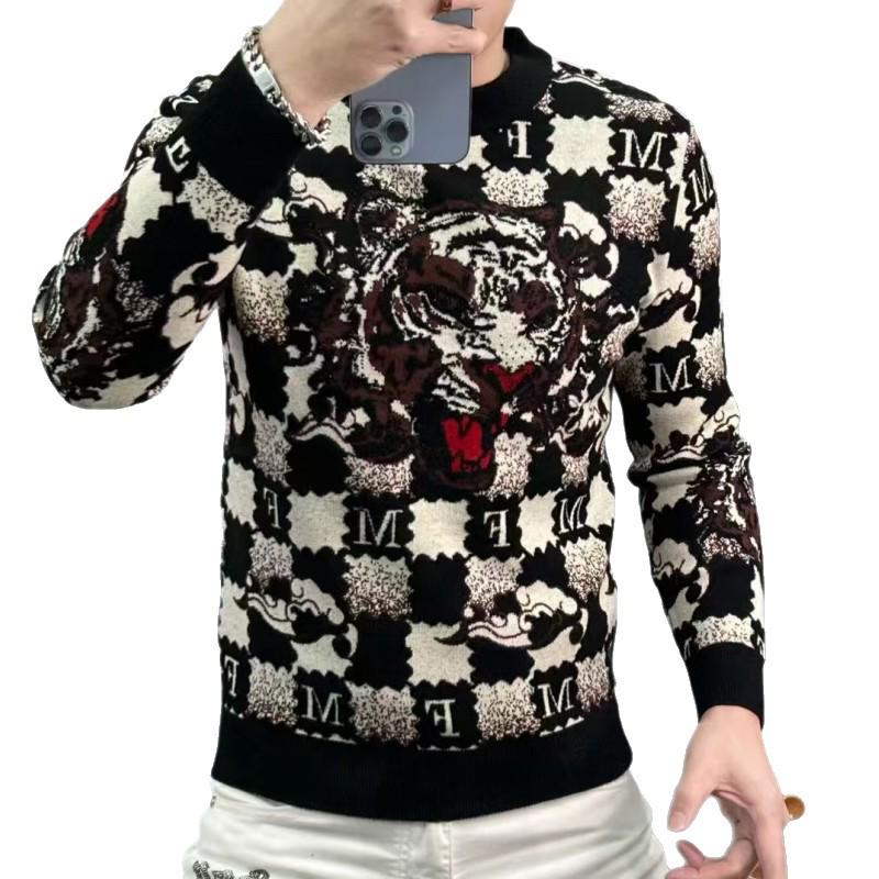 Trendiger Herren-Jacquard-Strickpullover mit Rundhalsausschnitt im europäischen amerikanischen Stil