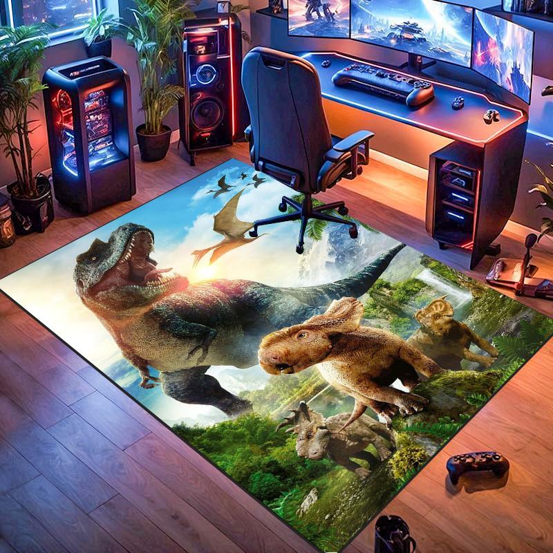 Jurassic Dinosaur Tropical Jungle Scene Print Area Rug Non‑Slip Rectangular Floor Mat Prehistoric Animal Decor Rug for Gaming Room Bedroom Living Room