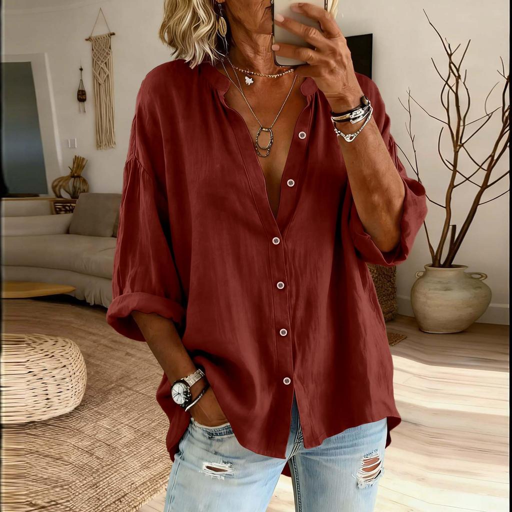 Women’s Fashion Solid Stand Collar Button Up Shirt Casual Loose Fit Top with Three Quarter Sleeves and Relaxed for Everyday Wear