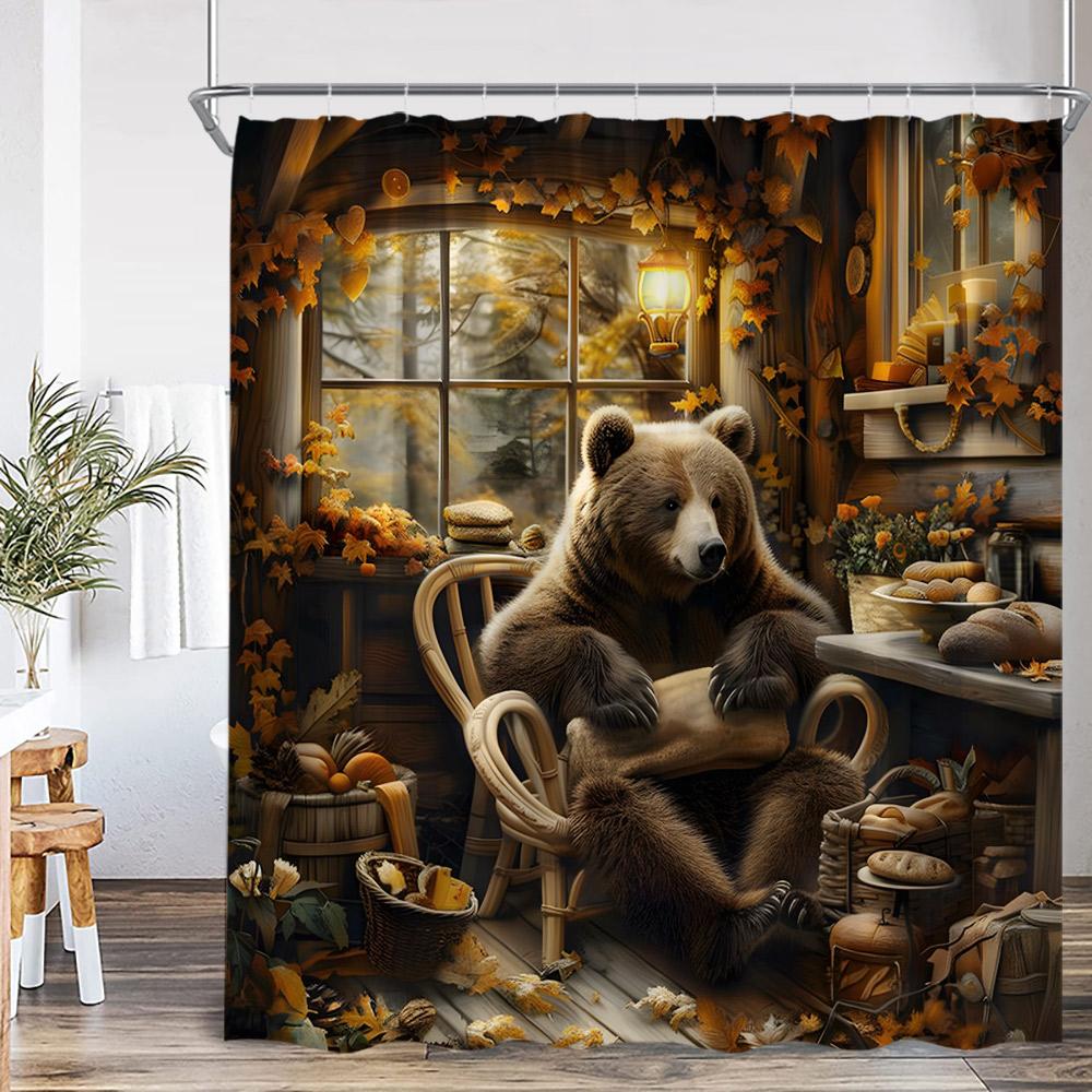Funny Bear Vintage Shower Curtain Bathing Brown Bear Countryside Cabin Wild Animal Retro Bathroom Decor Polyester Bath Curtain