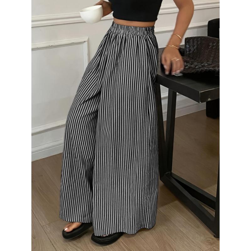 Fashion Striped Elastic Waist Straight Leg Wide Leg Pants Women Elegant Casual Loose Long Pants Spring Autumn Printed Simple Clothing