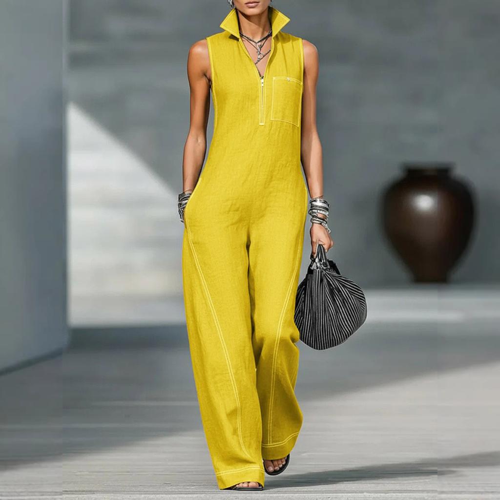 Women's Stand Collar Sleeveless Loose Fit Jumpsuit with Zipper Front and Stitching for Casual Wear