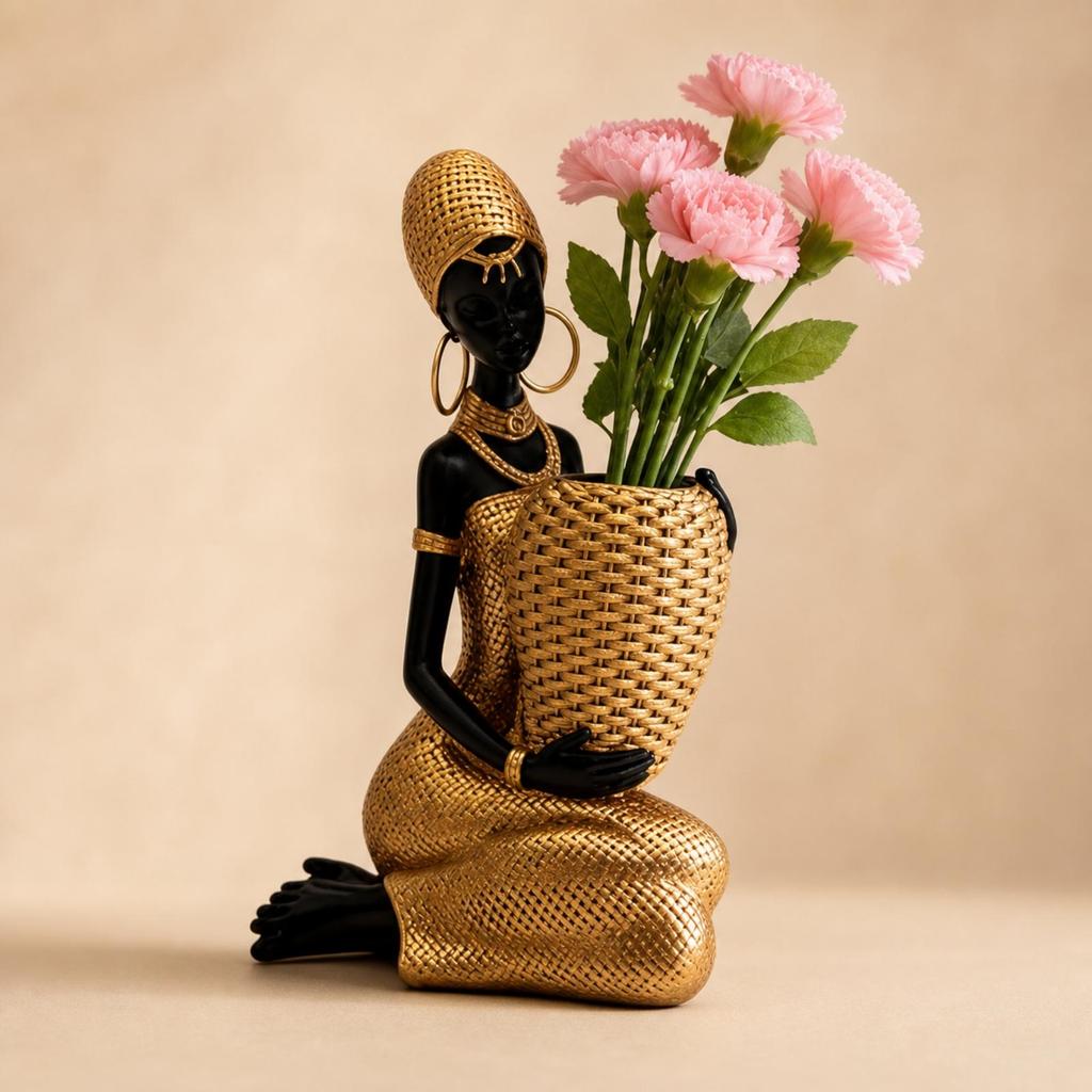 Artistic African Woman Bust with Open Bowl Resin Vase for Vanity Table Entryway