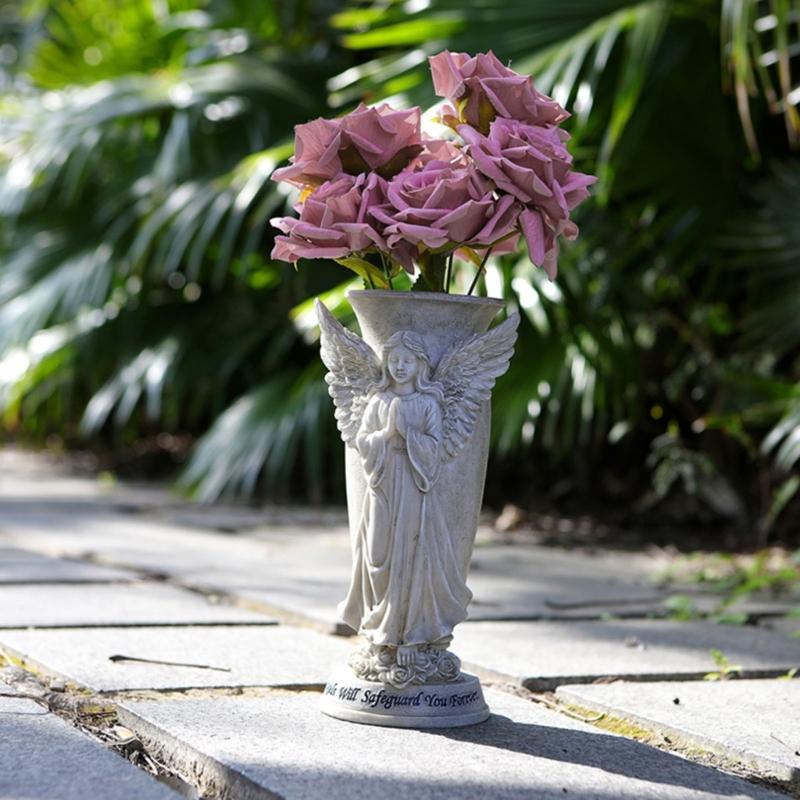 Cemetery Vases Praying Angel Sculpture Ornament Resins Outdoor Decors Flower Holder Pot For Memorial Garden Grave Site