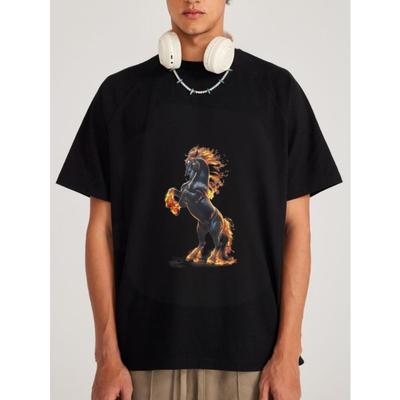 Bawełniany T-shirt Biały Koń z Wzorem Ognia do Codziennego Ubrania