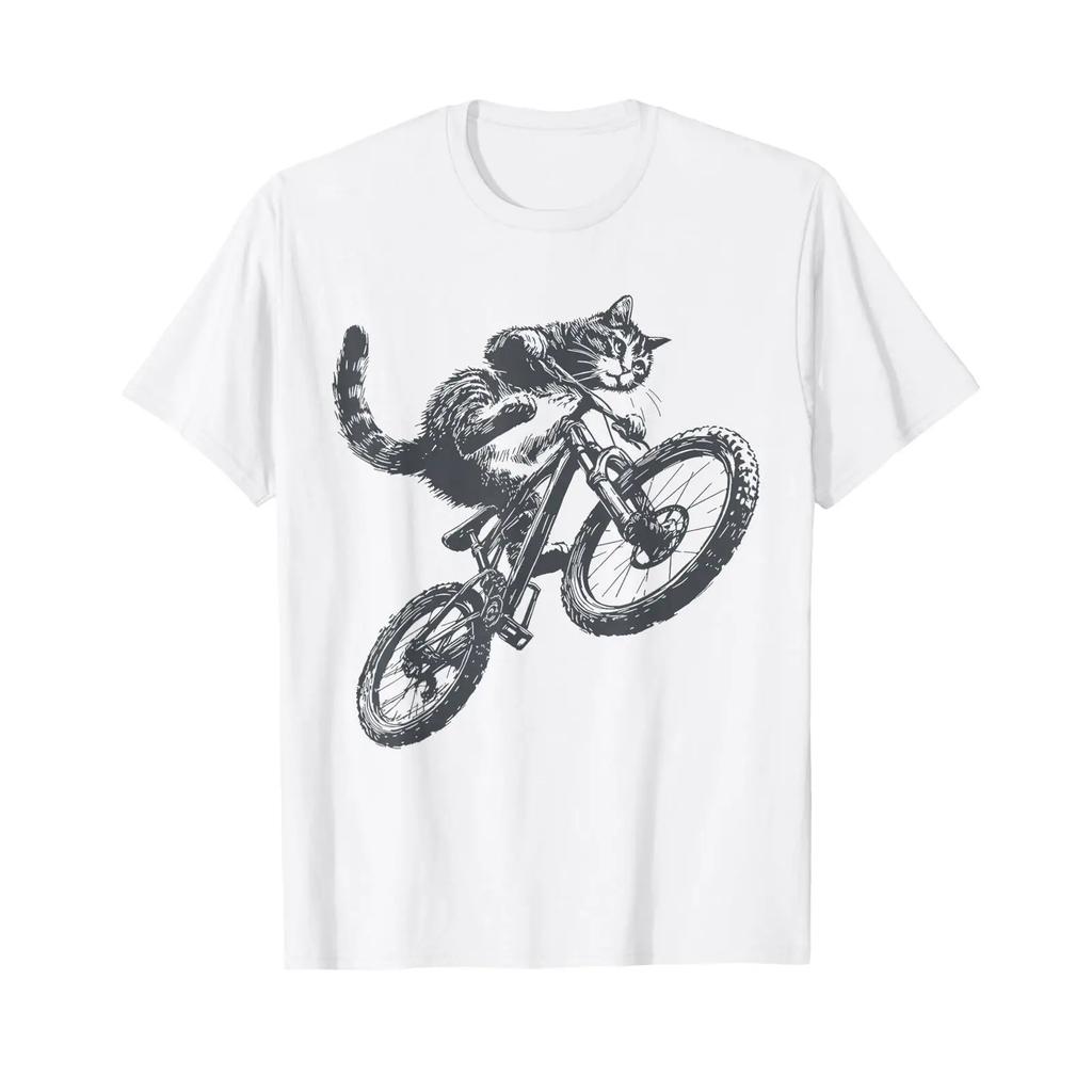 Funny Cat Riding Bicycle Kitten Mountain Bike T Shirt vintage Washed Unisex Comfortable Top For Everyday Wear fashion homme