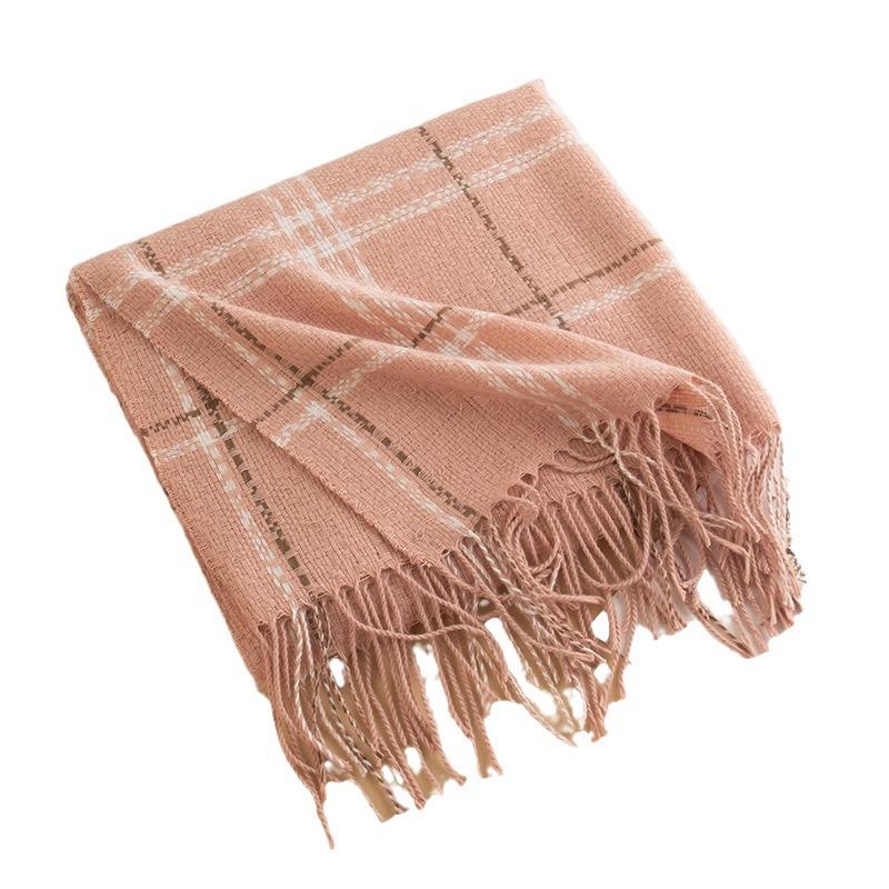Korean Lady's Sweet Plaid Imitation Cashmere Tassel Scarf for Girls High End Winter Versatile Thickened Scarf