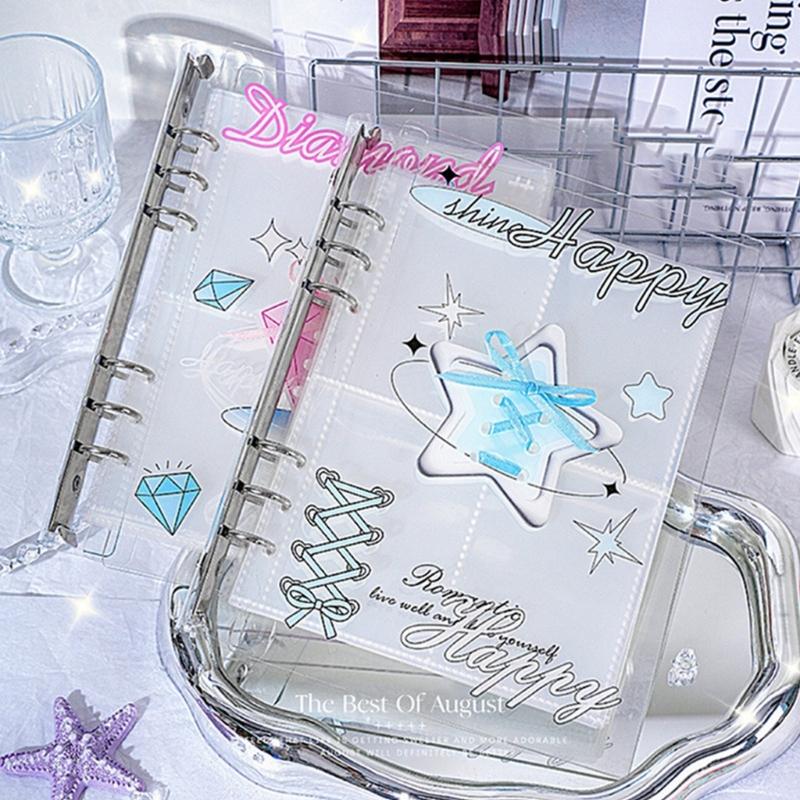 Elegantes Acryl-Fotoalbum mit 4 Fächern pro Seite 6 Ringe Schleifen-Ordnerdeckel Kartenhalter Sammlerbuch