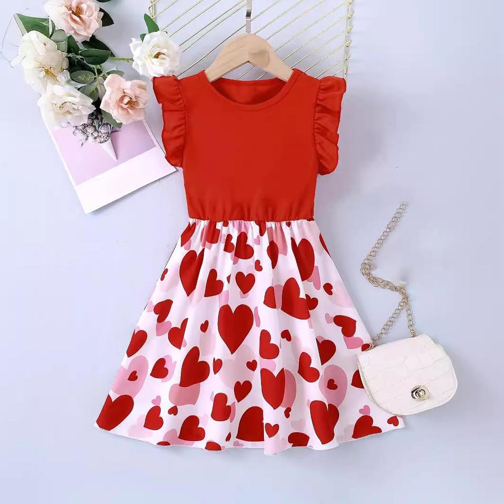 European & American Style Girls' Short Sleeve Heart Print Knitted Dress