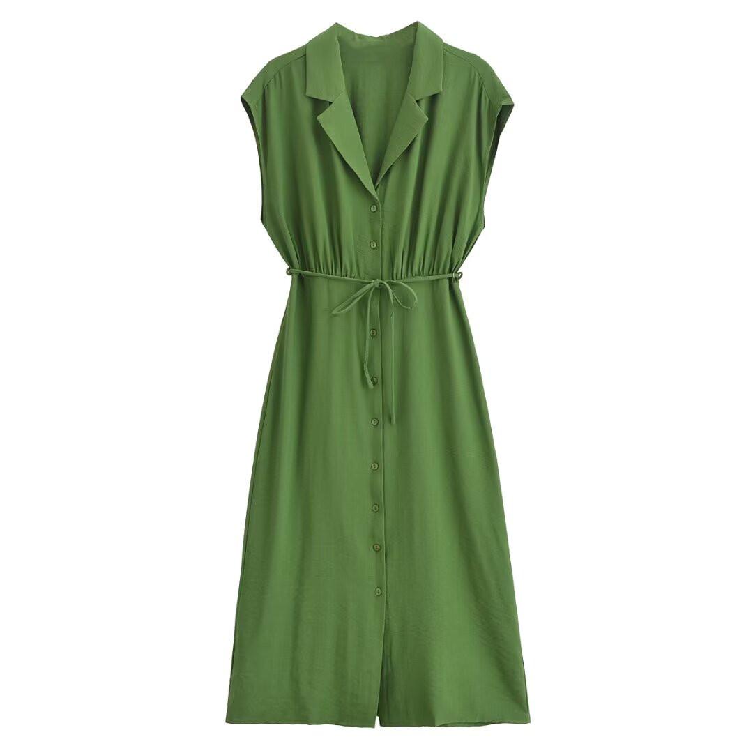 

2025 Spring/Summer Women s Slim Tie Waist Shirt Collar Sleeveless Dress Medium зелёный
