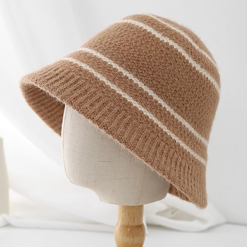 Autumn and Winter Warm Bucket Hat Women's Niche Retro Striped Splicing Basin Hat Women's Wool Knitted Fisherman Hat
