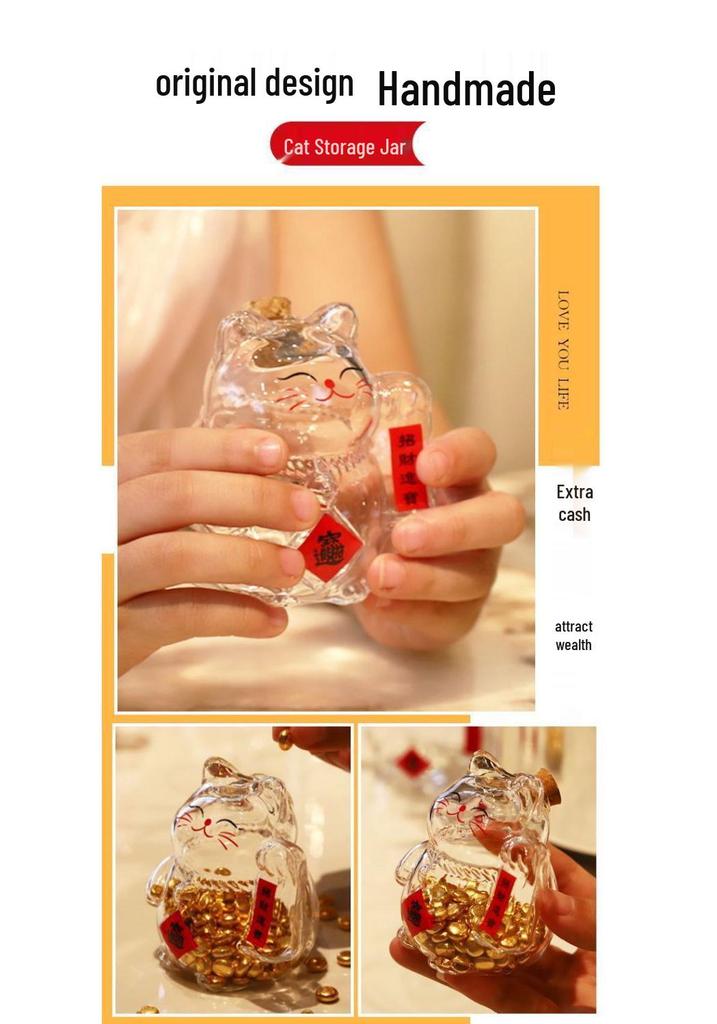 High Borosilicate Glass Lucky Cat Gold Bean Storage Container - Festival Gift