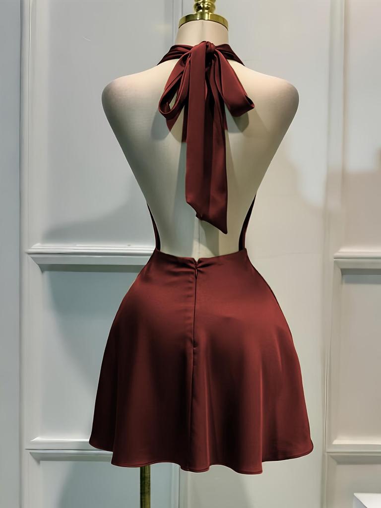 Women's Solid Satin Fitted Dress - Open Back, Back Zipper, Vacation Party Style, 145g Standard Size