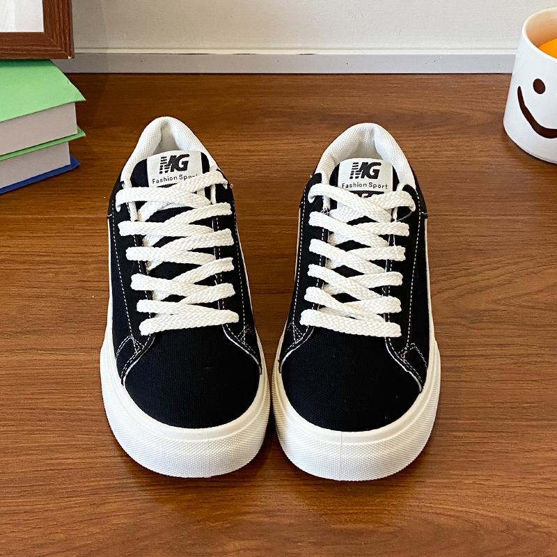 Trend Fashion Thick Baseplate Shoes Women's Spring Summer Regular Versatile Round Head Shallow Mouth Lace-up Canvas Sports and Leisure Board Shoes