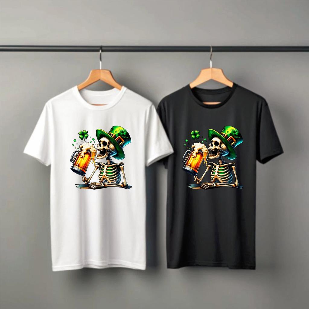 St Patrick's Day Skeleton T-Shirt, Leprechaun Hat Drinking Beer Mug Irish Pub