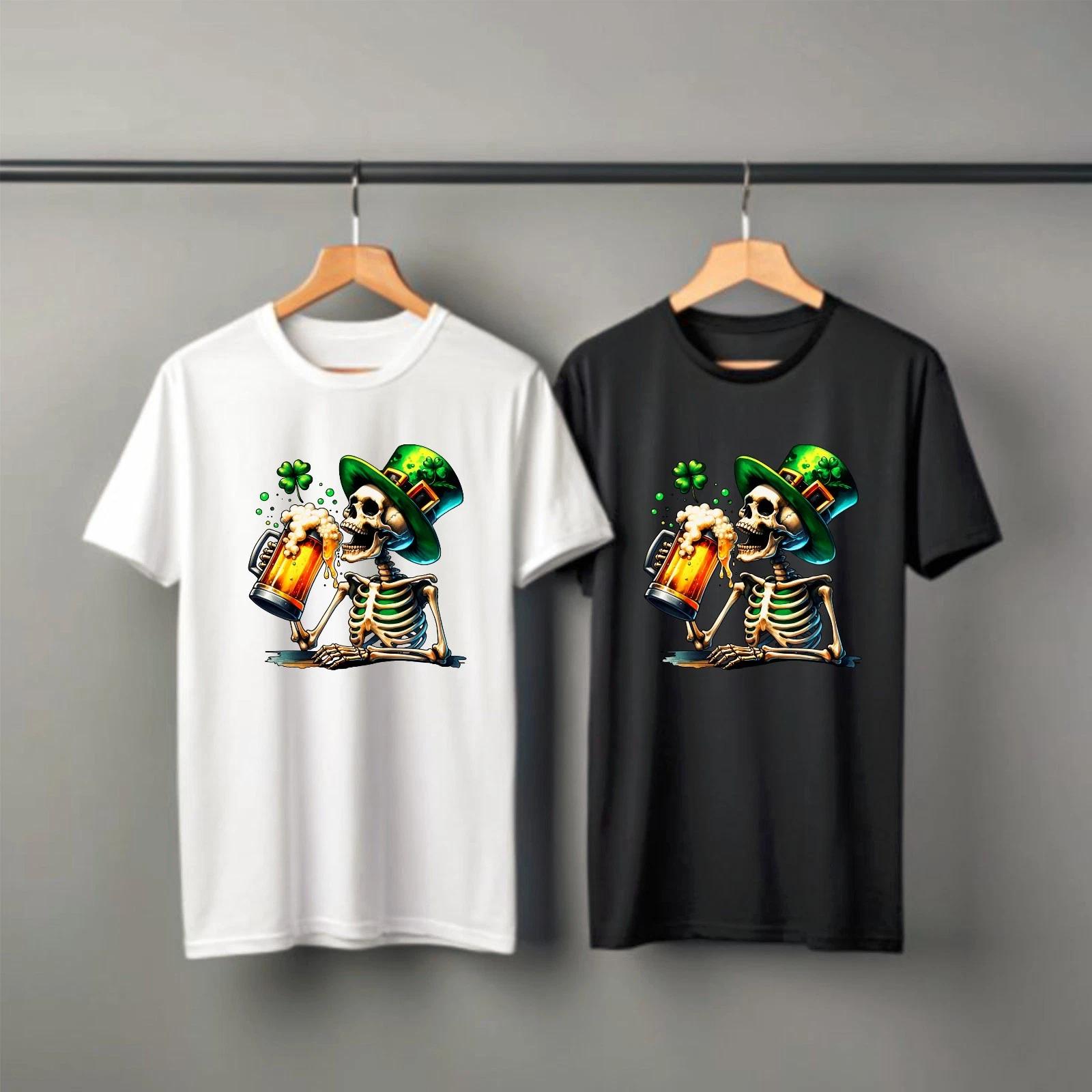 St Patrick s Day Skeleton T-Shirt, Leprechaun Hat Drinking Beer Mug Irish Pub 2XL