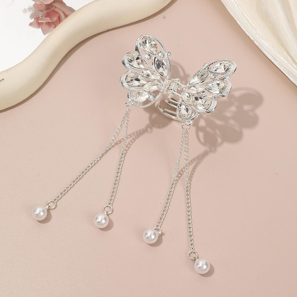AWAYTR Women Butterfly Tassel Hair Clip Crystal Hair Claw Small Grab Clip Faux Pearls Butterfly Shape Metal HairClip for Girl