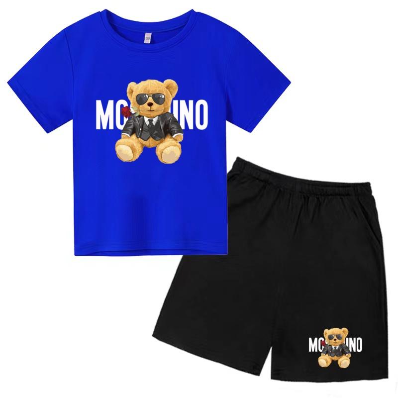 Children Summer Charming Rose Letter Bear Print T-shirt+Shorts Set Boys Girls Casual Toddler Sports First Choice Clothes