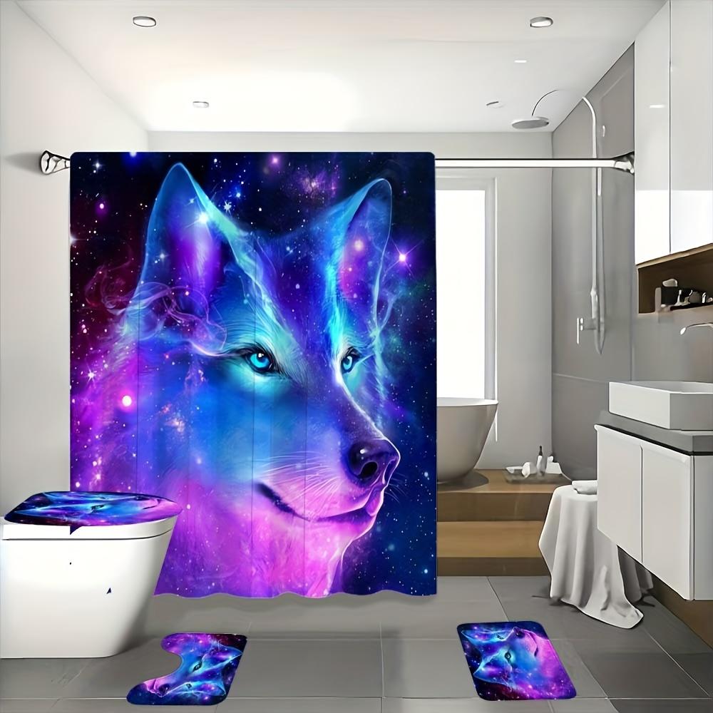 4Pcs Starry Wolf Pattern Shower Curtain Set with Non-Slip Bath Mat, Toilet Lid Cover, Contour Rug & 12 Hooks, Bathroom Decor