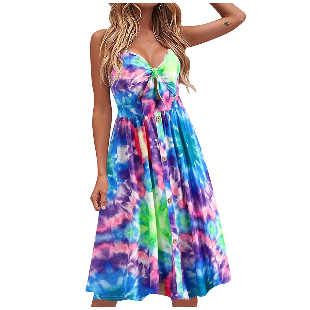 Women's Summer Bow Tie On Chest Printed V-neck High-waist Sling A-line Dress