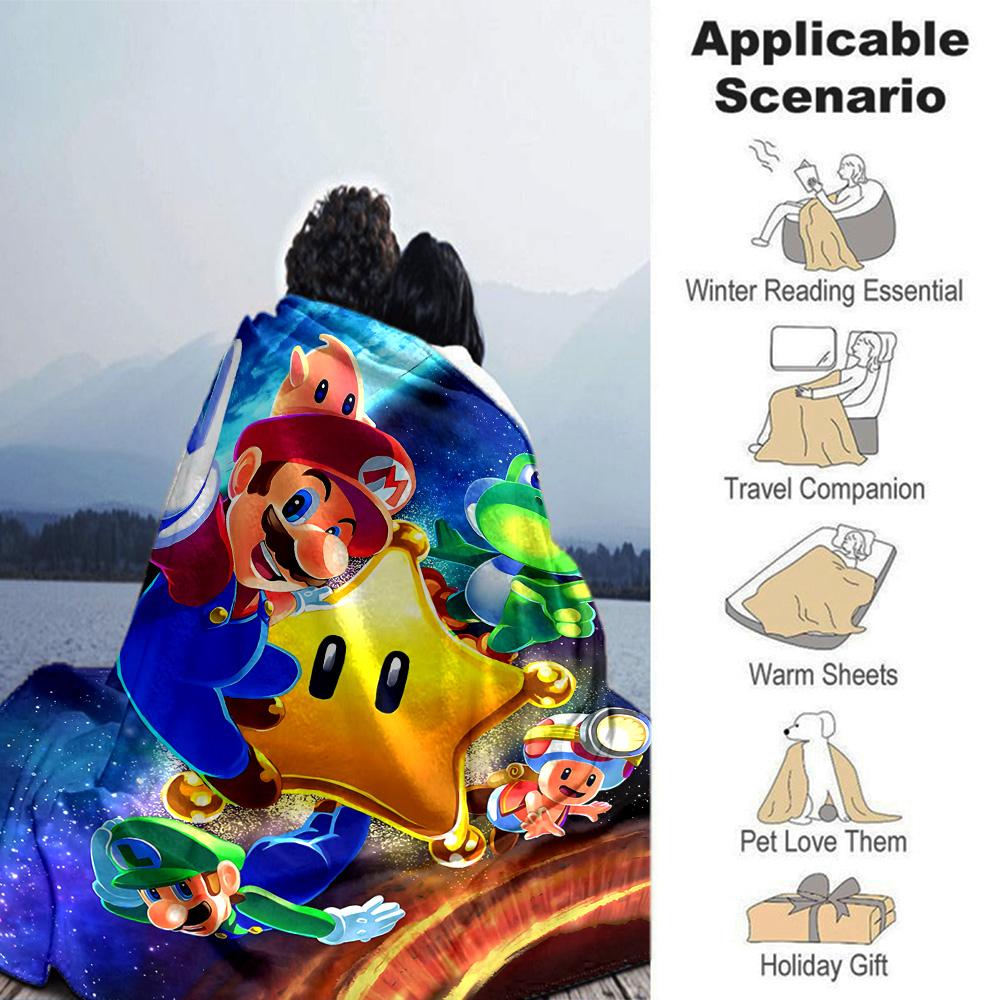 Super Mario Galaxy Adventure Flannel Blanket Super Soft Warm Cozy Blanket For Sofa Bed Office Travel Allseason Home Decor Gift