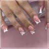 24pcs Short Square Pink Simple French False Nails with Glue Pearl Bow Design False Nails Press on Nails Full Cover Nail Tips Art