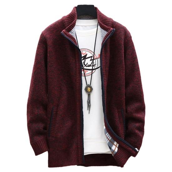 Męski płaszcz zimowy dzianinowy kołnierz ze stójką z długim rękawem gruby ciepły zamek błyskawiczny kieszenie elastyczny Pure Color Casual Men Jacket sweter płaszcz