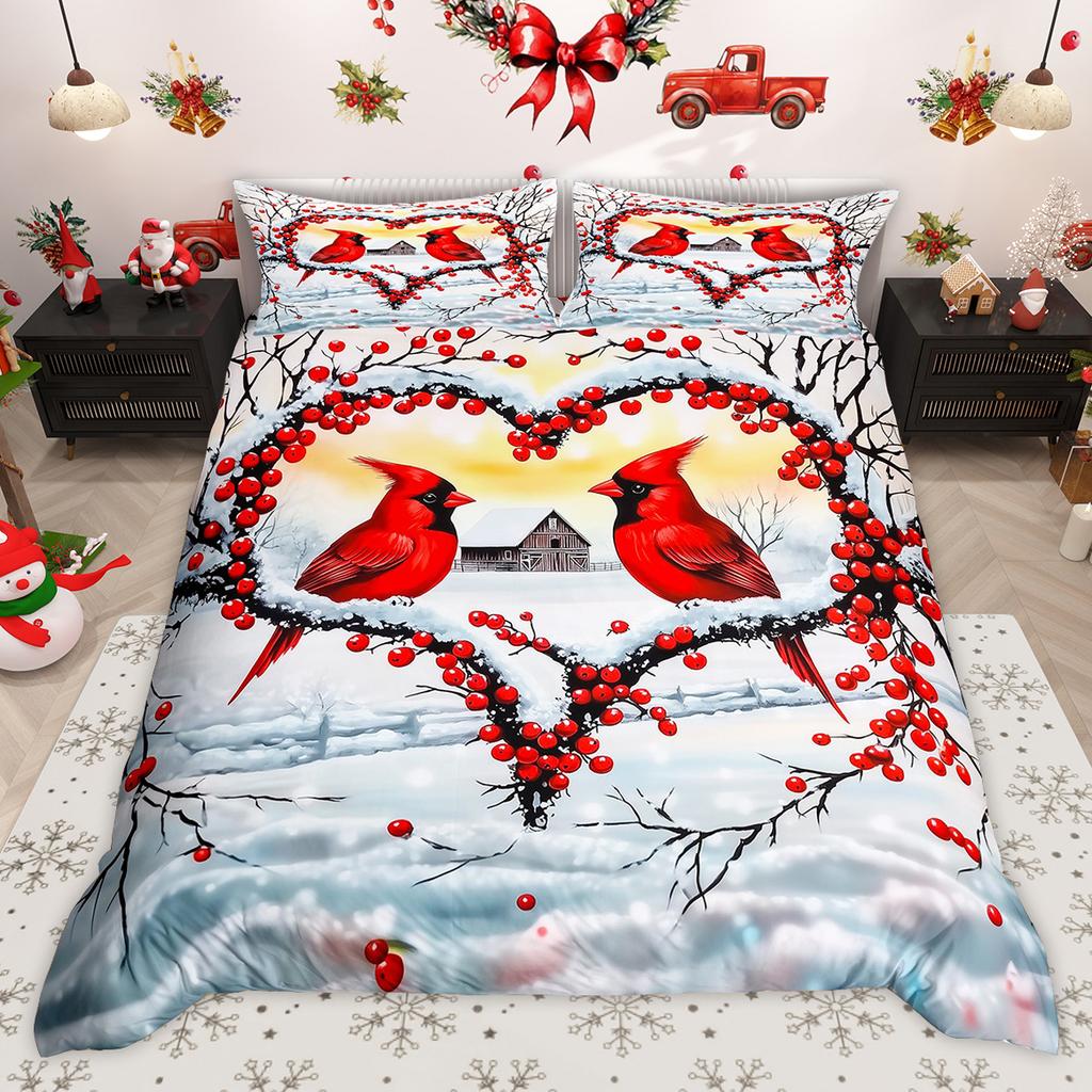 Homewish Wild Cardinal Bird Duvet Cover Set Merry Christmas Xmas Bed Set Snow Cherry Blossoms Quilt Cover Set