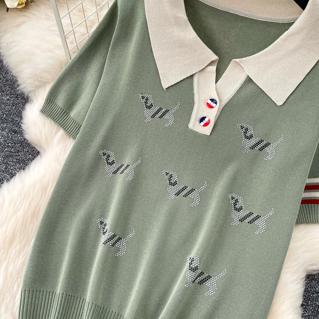 Lässiges Strick-Set mit süßem Welpenmotiv für Damen, Sommer, Umlegekragen Pullover-Top und Weitbeinige Hosen, Zweiteiliges Set für Damen
