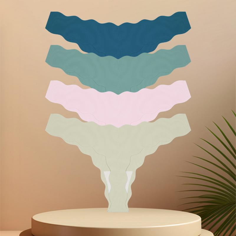 

4Pcs Women s Seamless Thongs Sexy Ice Silk Wave Belt Panties Low Waist Invisible G-String Stretchy T-Back Breathable Lingerie S