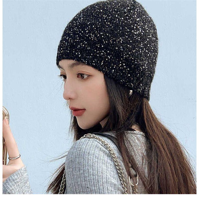 

Head-Wrapping Hat Wig One Female Long Straight Hair Easiest for Match Sequin Knitting Woolen Cap Fashion Pullover Confinement Beanie Hat Black + long black straight hair