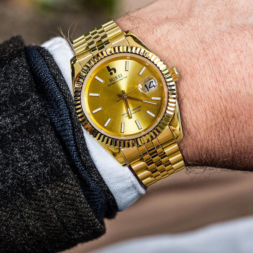 BUREI Men's Automatic Mechanical Watch, Waterproof, Analog, Popular for Business, Date Display, Gold, Stylish, Simple, Luminous Watch