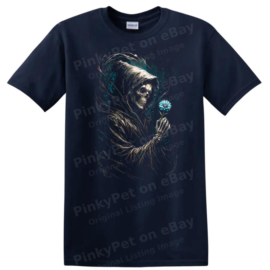 Grim Reaper Holding Flower Graphic T Shirt Dark Art Skull Design Tee