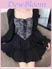Spring Autumn Ink Wash Print Dress With Waist Tie For Women