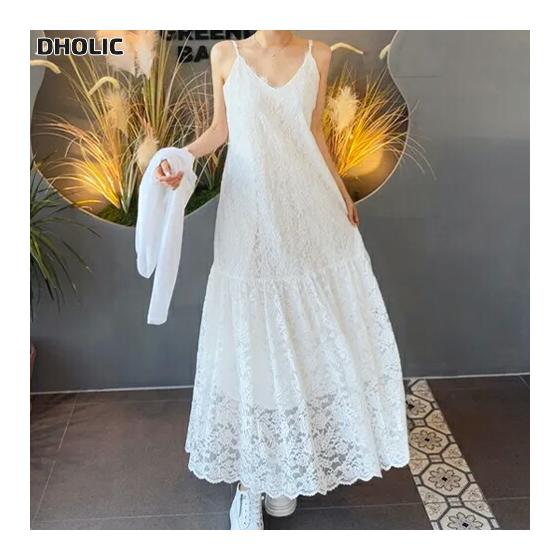 Women s Korean Fashion Cami Dress A-Line Flare Dress Long Dress V-neck Lace Lining Cotton Feminine Elegant Sexy Daily Outing Spring Summer SSMOON