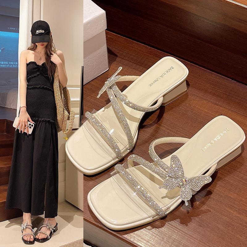 Silver with one word female rhinestone sandals 2025 thick heel slippers trendy stroke new beautiful versatile fairy butterfly heel