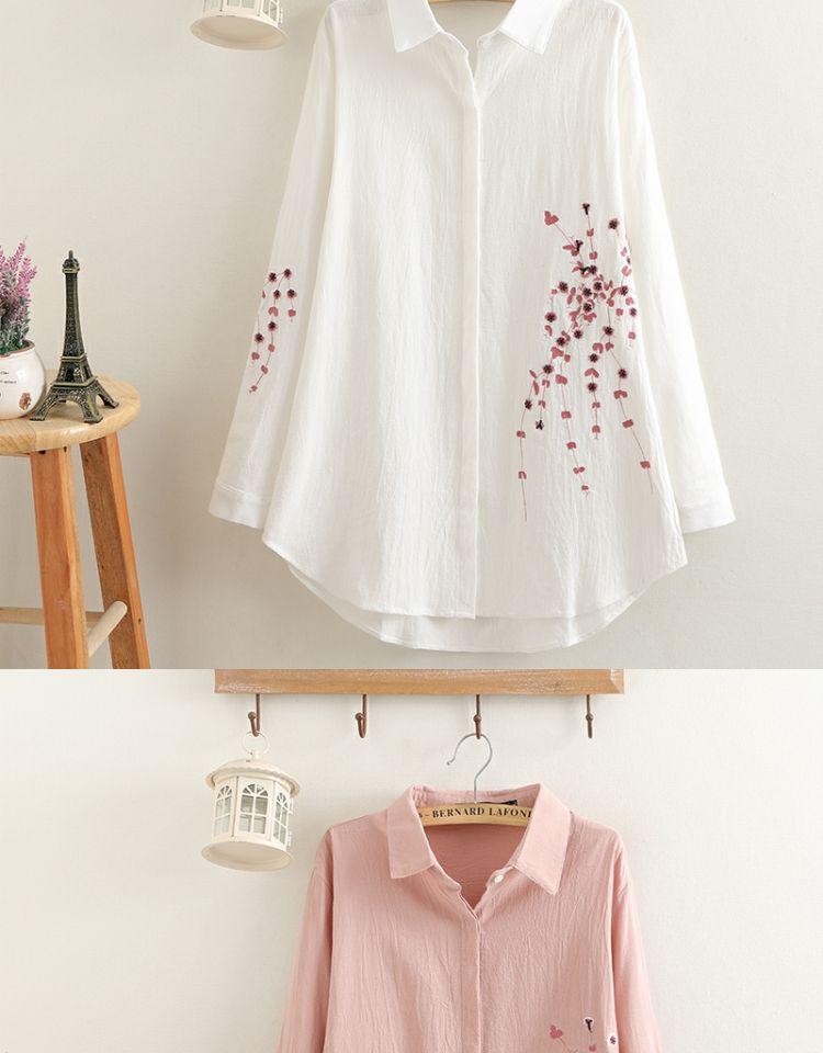 Spring Plus Size Women's Embroidered Cotton Linen Mid-Length Shirt 2025