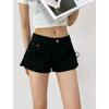 Summer New Product Women's Clothes American Washing Effect Straight-leg Side Arc Slit Design High Waist Denim Shorts