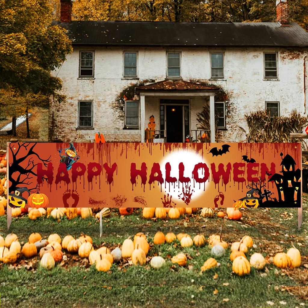 1pc Halloween Hanging Banner – Terrifying Blood Red Characters, Atmosphere Decoration for Courtyard, Party & Photography Background Cloth