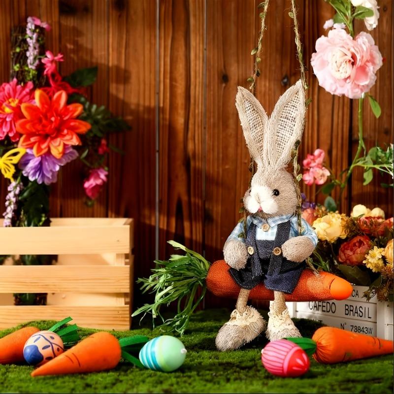 Easter Bunny on Swing Handmade Woven Grass Rabbit Creative Figurine Home Decor Hanging Ornament Forest Theme Gift Souvenir