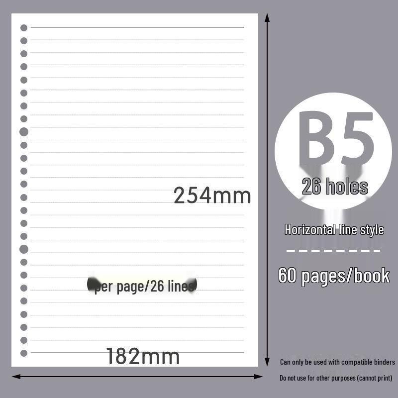 B5/A5 Loose-Leaf Refill Paper, 26/20 Holes, Grid/Horizontal Lines, Notebook Pages