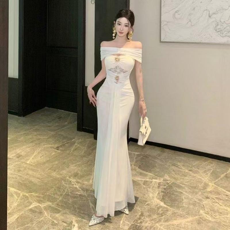 [With Chest Pads] Beautiful One-word Shoulder Dress Female Summer Socialite High-end Sexy Birthday Dress Waist Dress