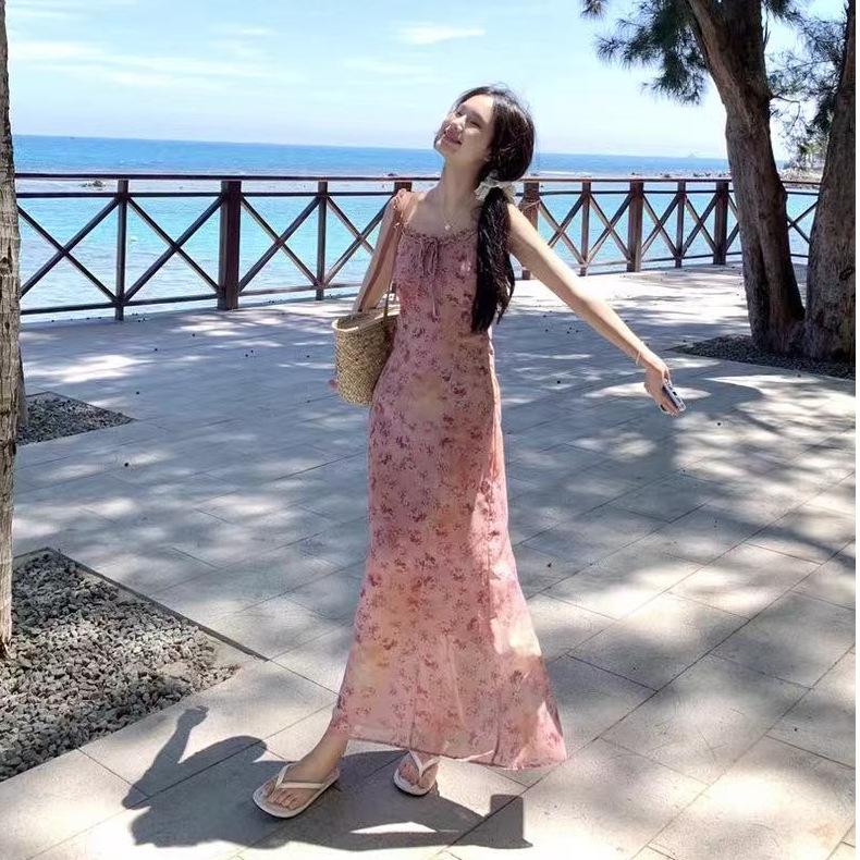 French Coffee Break Floral Suspender Dress Women 2026 Summer Sweet Seaside Vacation Wind Beach Skirt Long Skirt