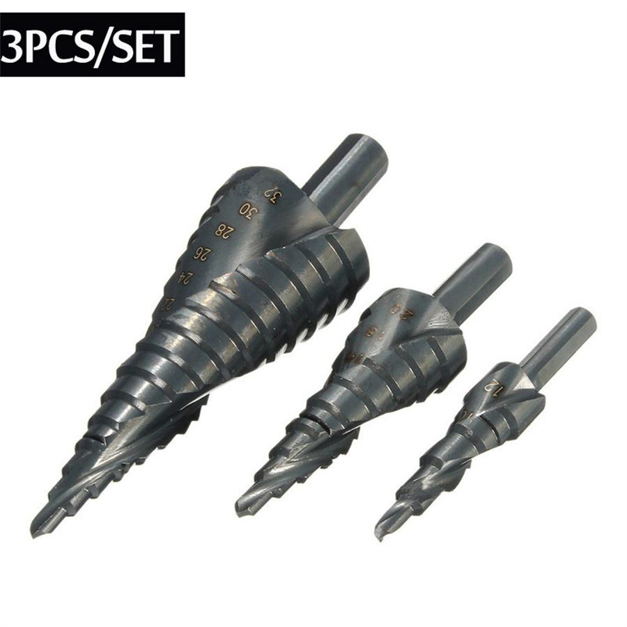 3Pc 4-32Mm Step Drill Bit Set Hss Spiral Cone