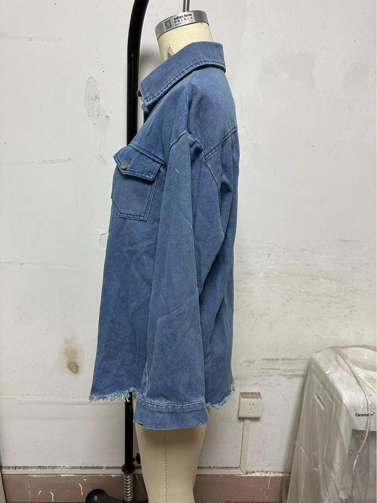 Women's Cross-Border Washed Denim Shirt Jacket - European & American Autumn/Winter Street Style with Frayed Hem