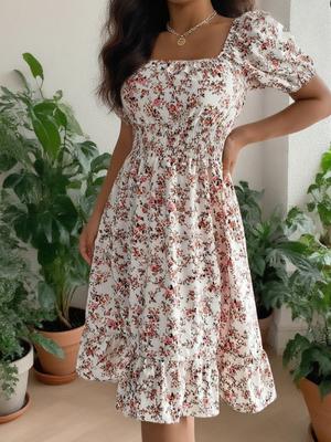 Summer New Arrivals Floral Square Neck Short Sleeve Ruched A-Line Skirt Women's Clothing